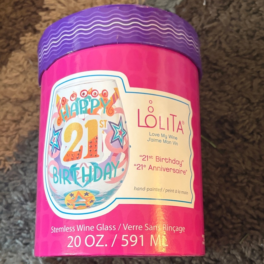 New unopened - Lolita Happy 21st Birthday Wine Glass. Beautiful 20 ounce glass.
